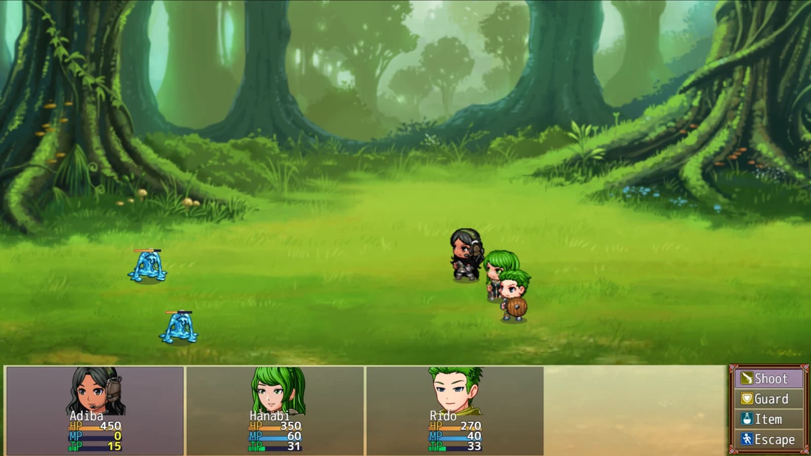 Adiba's party fights blue creatures in a forest battle in Calgwin Origins: Godi.
