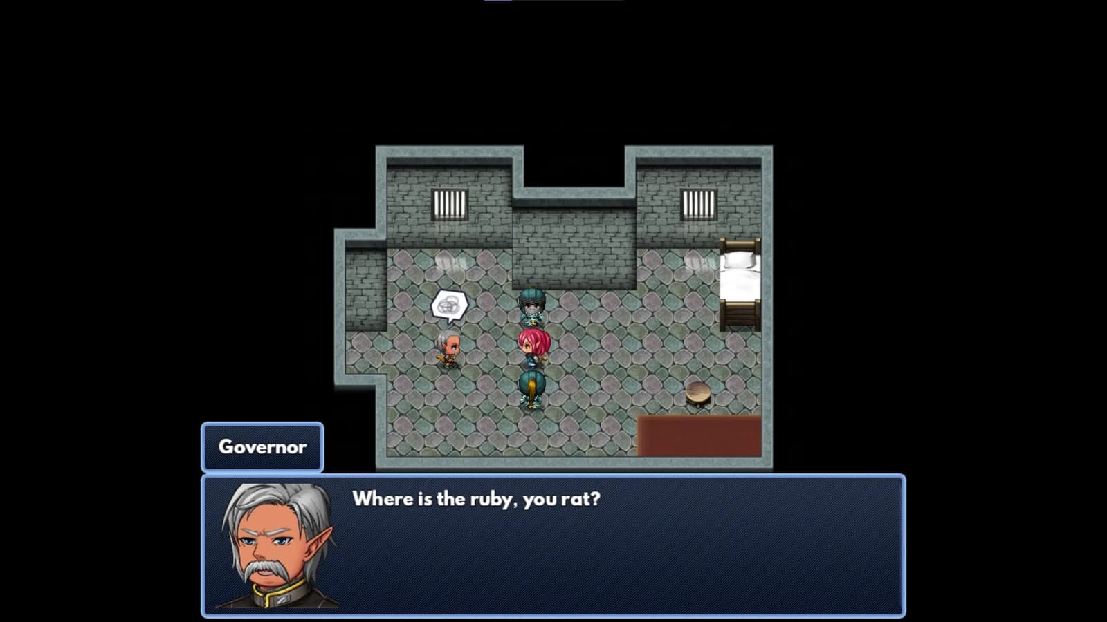A governor asks where the ruby has gone in a Chase of the Ruby story scene.