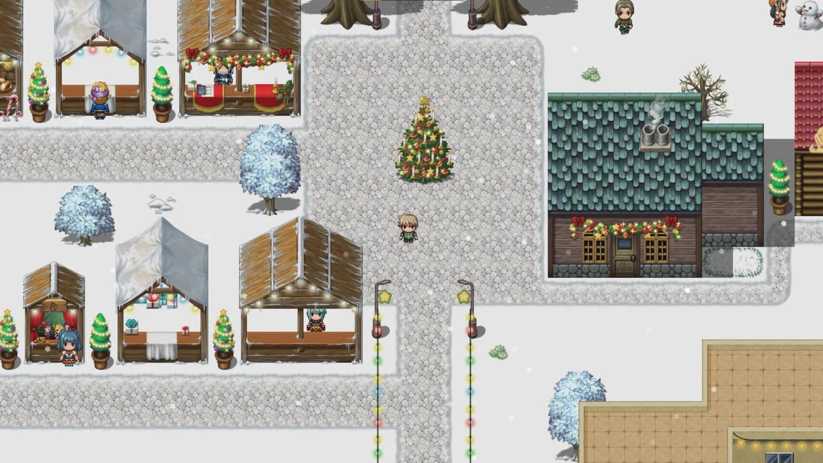 A snow-covered pixel-art town decorated for Christmas.