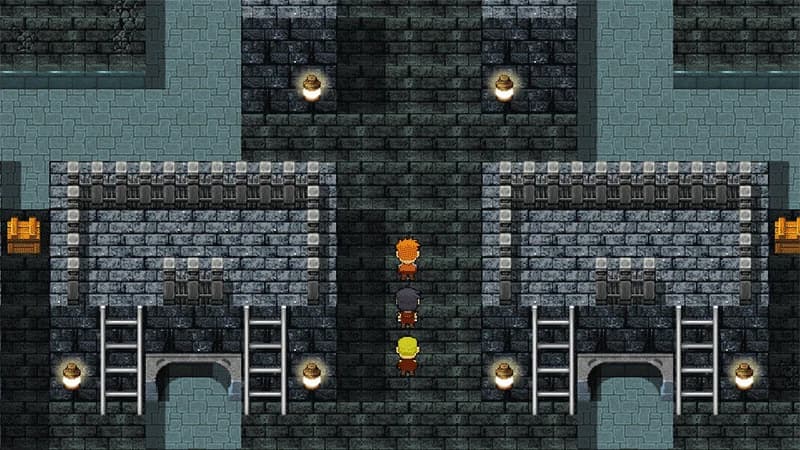 Deserter party members cross a stone stronghold lined with ladders and torches.