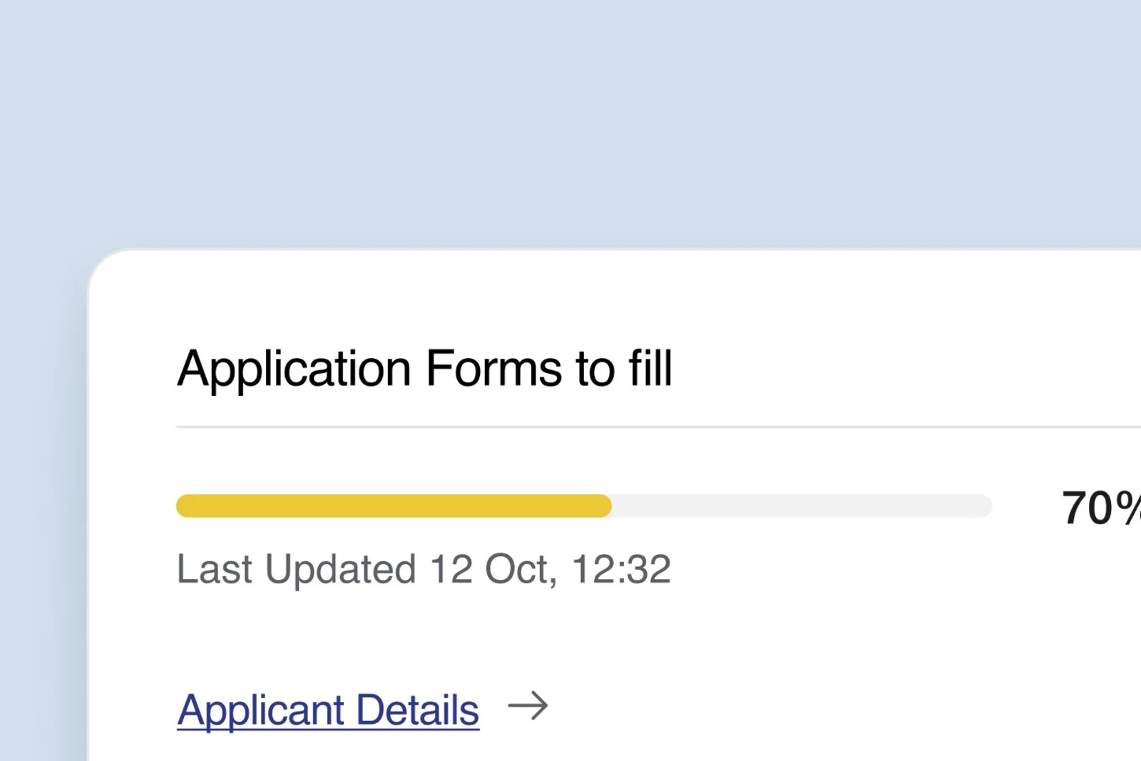 Planda Portal application workspace showing form progress at 70 percent and a link to applicant details.