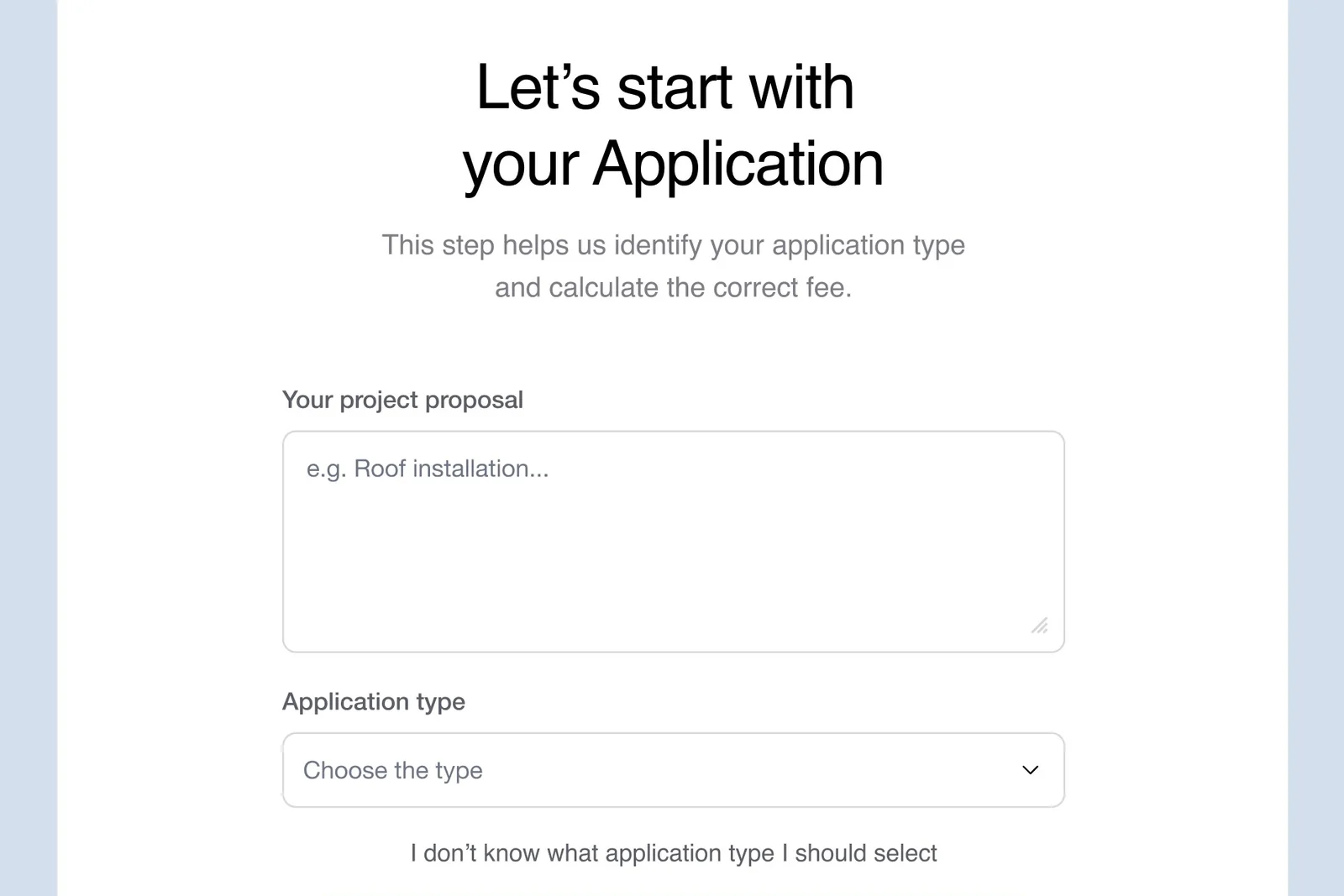 Planda Portal application setup screen asking for a project proposal and application type.