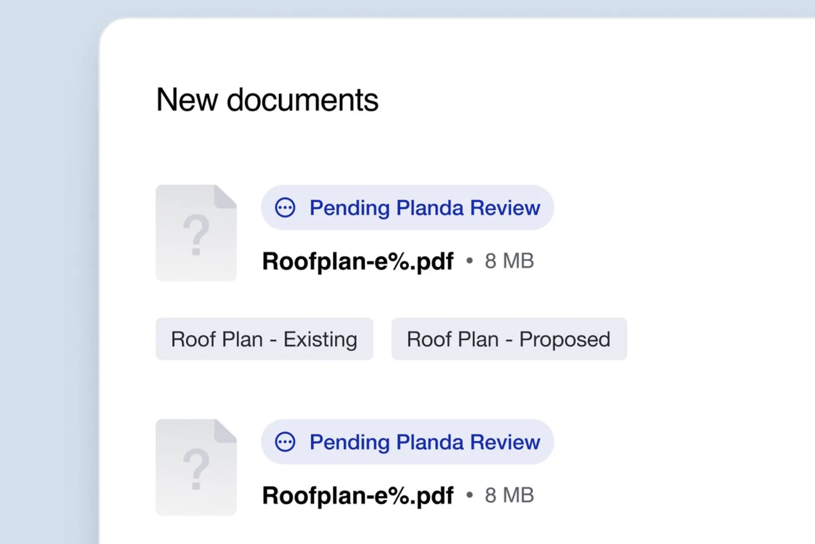 Planda Portal document list showing existing and proposed roof plans pending review.