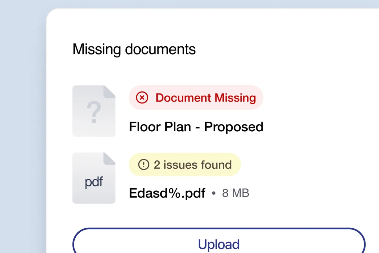 Planda Portal document check showing a missing proposed floor plan and two issues found in an uploaded PDF.